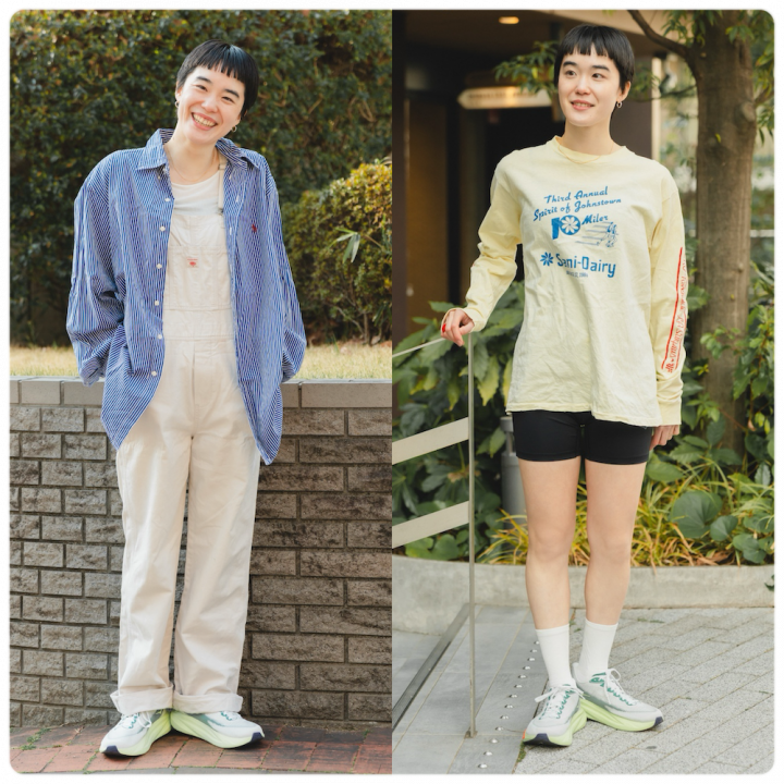 《ホカ》の春色シューズが白のオーバーオールにもぴったり【ランニングシューズ ON↔︎OFF スタイル｜FUDGE dig.】